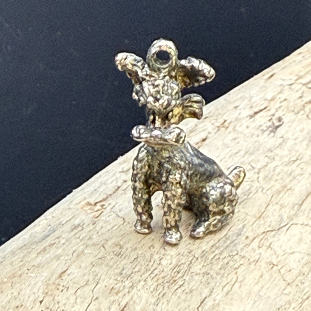 Vintage Silver Plated Poodle Dog Charm Pendant Textured Mid Century Marked PL